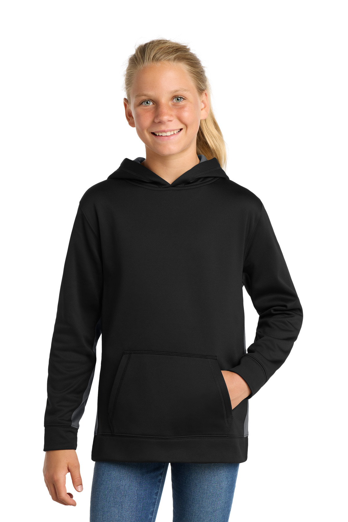 Sport-Tek Youth Sport-Wick Fleece Colorblock Hooded Pullover.  YST235